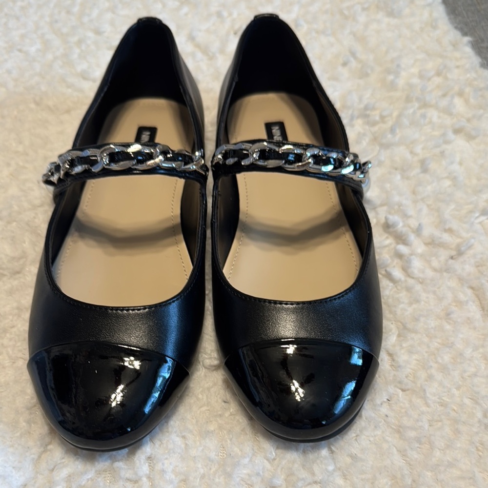 Girls Black Mary Jane Flats with Silver Chain Accent